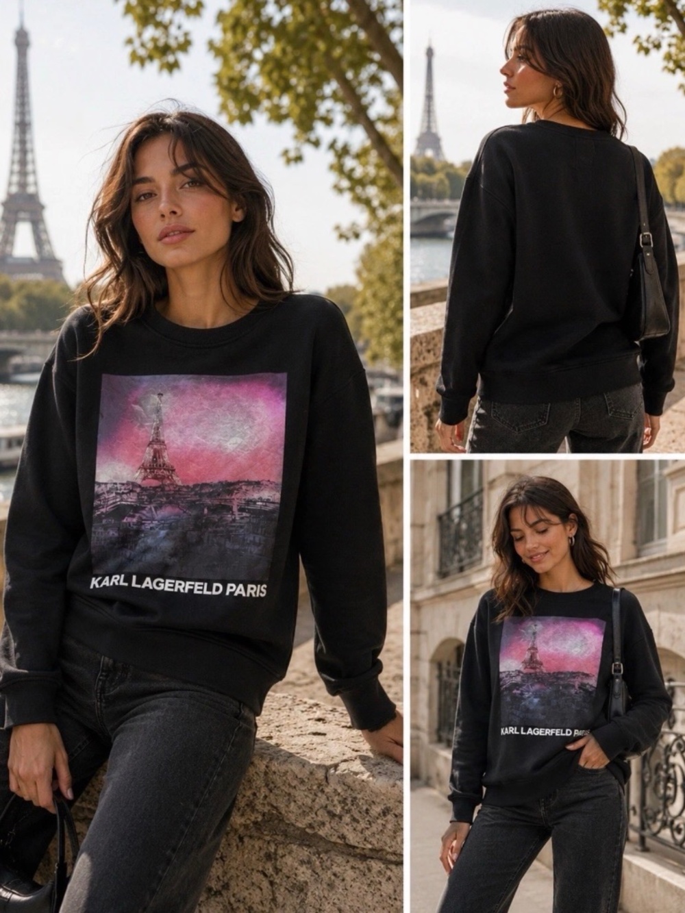 Karl Lagerfeld Women’s Paris Graphic Black Sweatshirt XS Designer Eiffel Tower